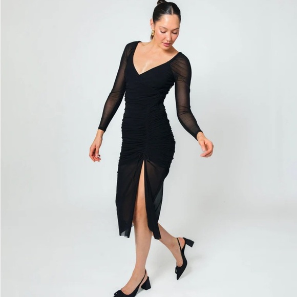 Cleobella Chantal Mesh Ruched Gathered Lined Long Sleeve Bodycon Dress Black NWT - Picture 4 of 16